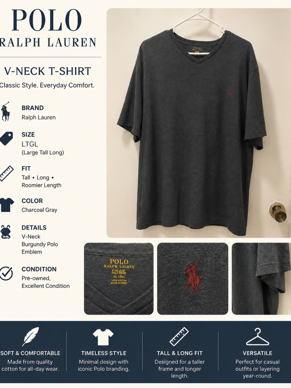 Polo by Ralph Lauren Charcoal Gray V-Neck T-Shirt - LTGL